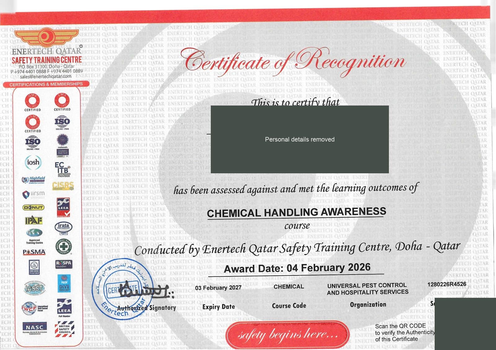 Chemical Handling Awareness certificate 3 of 5 from Enertech Qatar Safety Training Centre, with the technician's name and ID redacted