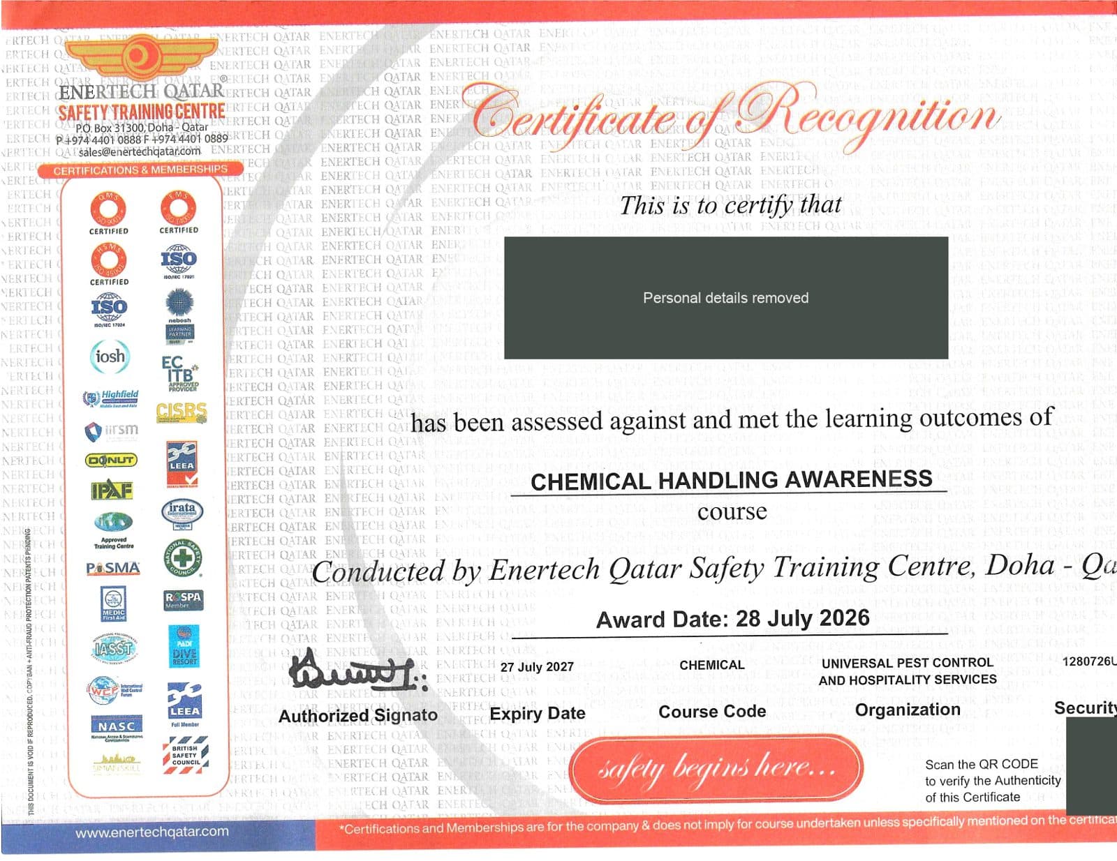 Chemical Handling Awareness certificate 5 of 5 from Enertech Qatar Safety Training Centre, with the technician's name and ID redacted