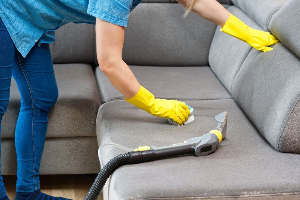 Cleaner using an extraction machine on a grey fabric sofa
