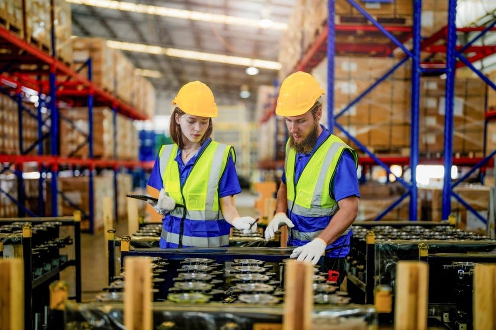 Two workers in hard hats and high-visibility vests inspecting items in a warehouse